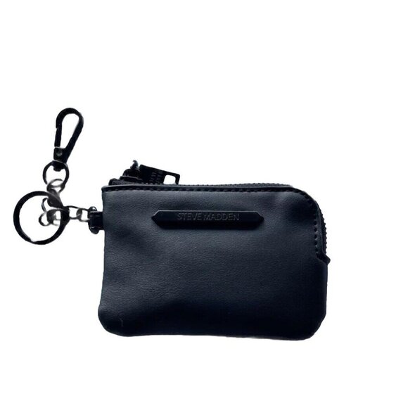 Steve Madden Black Wallet Wristlet Strap Leather Silver Zip Up Logo Small - Picture 1 of 9